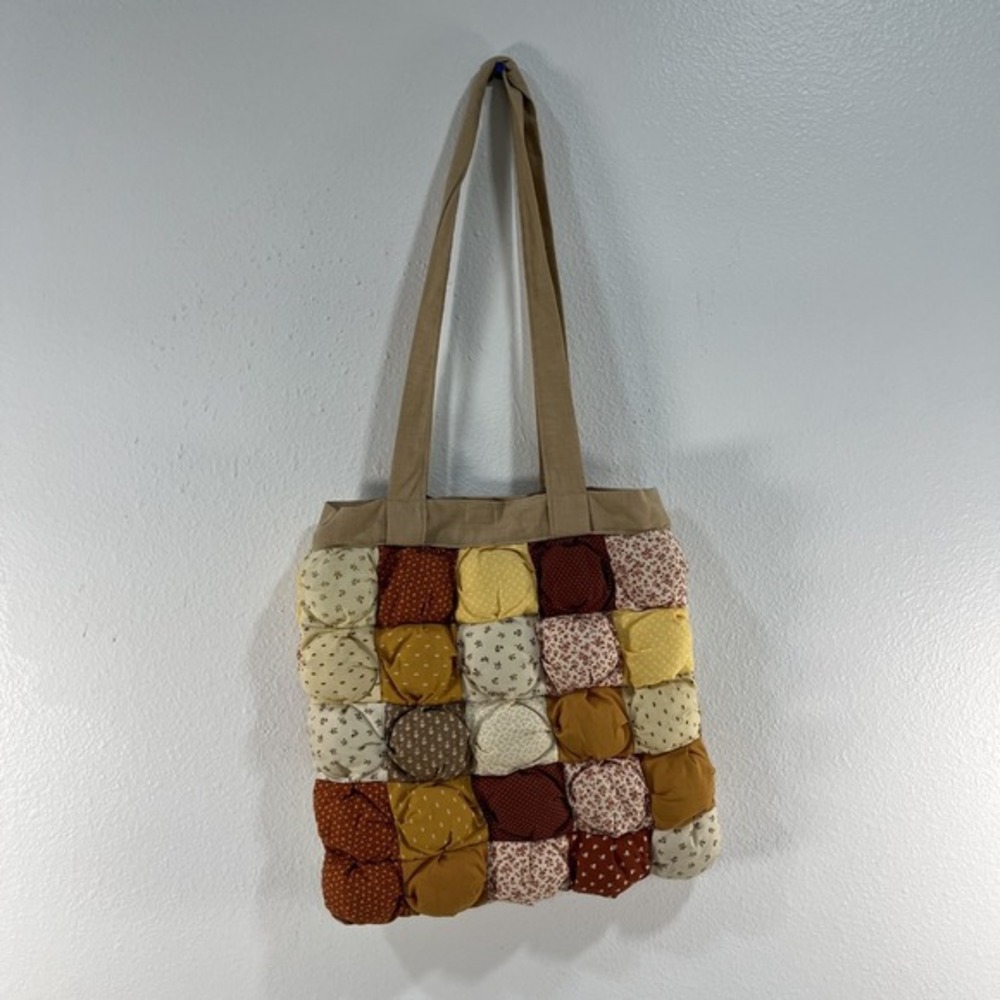 Handmade Puff Quilted Patchwork Tote Bag Boho Cottagecore Vintage Style